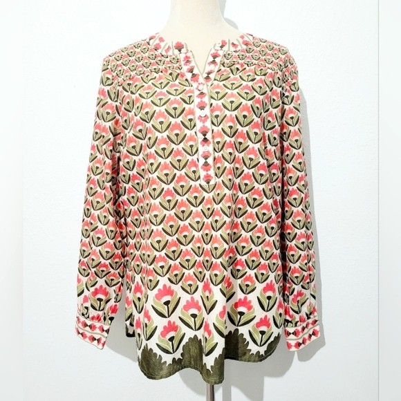 Talbots Women’s Medium Floral Boho Peasant Blouse 100% Cotton Pink Green Long Sl - Picture 1 of 12